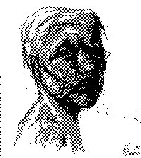 A black and white stippled ink sketch portrait of a man wearing a cap, with an artist's signature visible in the bottom right corner.