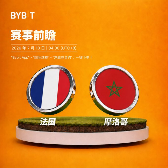 Bybit promotional graphic in Chinese for a match preview (赛事前瞻) between France (法国) and Morocco (摩洛哥) on July 10, 2026 at 04:00 UTC+8.