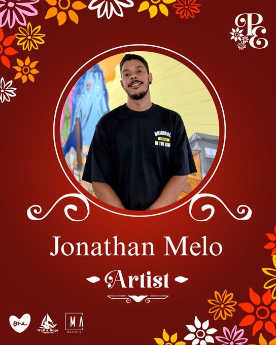 A promotional graphic featuring a circular portrait of Jonathan Melo, labeled as an "Artisi" (Artist), wearing a black t-shirt with "ORIGINAL IN THE RAW" text, set against a deep red background decorated with colorful floral designs and various sponsor logos including "One Love," "White House," and "MA Artistry." The image serves as an artist spotlight for Jonathan Melo as part of the "Primavera Eterna" series.
