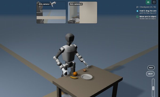 A humanoid robot labeled "Arm camera 1" and "Arm camera 2" stands at a table with a banana, orange, and plate, alongside interface controls ("Checkpoint (B/N)", "Hold & drag the arm", "Move arm to object", "MOVE", "GRIP") for what appears to be a robotics simulation or teleoperation demo related to Axis robotics.