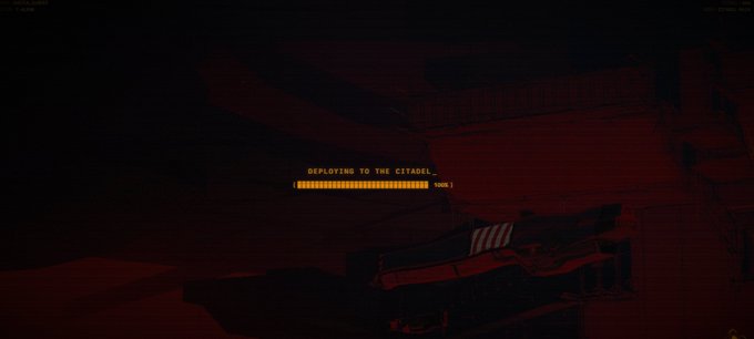 A dark red-tinted loading screen shows a progress bar at 100% with the text 'DEPLOYING TO THE CITADEL...'.