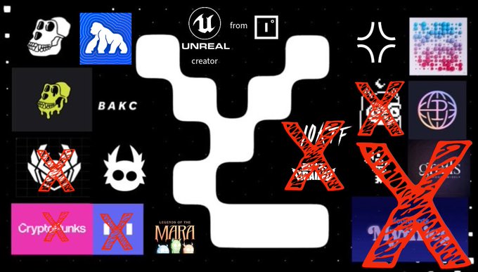 NFT/Web3 promotional graphic featuring Unreal Engine and Square Enix logos, BAKC, CryptoPunks, and Legend of the Mara logos, with several items marked with red X's and text 'from' and 'creator'.