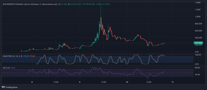 TradingView price chart for BOOMER/ETH on Uniswap showing current price 0.21568, with candlestick price action, Stochastic RSI, and RSI indicators displayed.