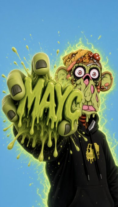 A cartoonish zombie-like ape character in a black hoodie extends a green, slime-dripping hand toward the viewer with the word "MAYC" oozing out, surrounded by yellow lightning against a blue sky. The image references the 5-year anniversary of the Mutant Ape Yacht Club (MAYC) NFT collection, as noted by the "MAYC" branding on the hoodie logo and the celebratory post from Bored Ape Yacht Club.
