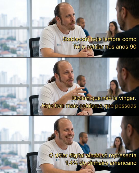 The image shows three stacked frames from a video interview featuring a man with a ponytail and beard wearing a white t-shirt, sitting in an office with large windows overlooking a city skyline. Portuguese subtitles appear across the frames: "Stablecoin hoje lembra como foi o celular nos anos 90," "Diziam que não ia vingar. Hoje tem mais celulares que pessoas," and "O dólar digital ainda só representa 1,4% do dinheiro americano."

The frames visually support the post's thesis about parallels between early cell phones and stablecoins, as the subtitles directly echo the analogy while noting that the digital dollar represents only 1.4% of American money—a nod to stablecoins still being in their nascent, underestimated phase.