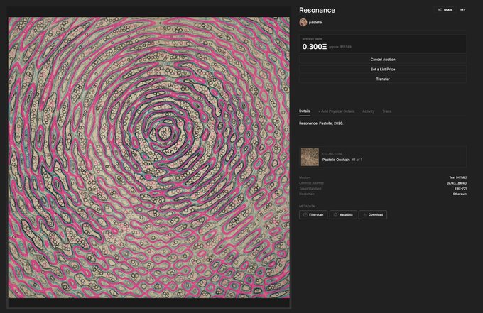 The image shows a digital artwork titled "Resonance" by Pastelle (2026), displaying a swirling, hypnotic spiral pattern composed of textured scales in pink, beige, and teal tones radiating from a central point. The artwork is listed on SuperRare for 0.300 ETH, with details indicating it's part of the "Pastelle Onchain" collection (#1 of 1) and is a physical + digital piece with a token ID of 911562.
