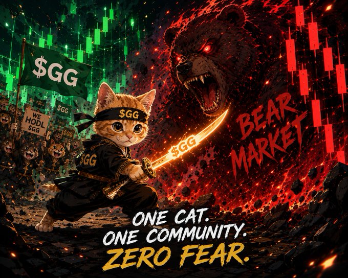 A digital artwork showing an orange cat dressed as a ninja with a '$GG' headband holding a sword labeled '$GG', facing a giant red bear labeled 'BEAR MARKET', with text reading 'ONE CAT. ONE COMMUNITY. ZERO FEAR.'