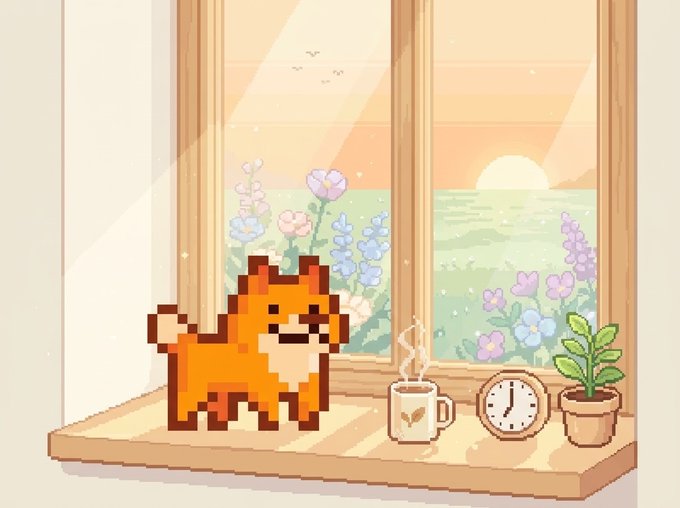 Pixel art illustration of a cute orange cat on a windowsill with a steaming mug of coffee, a small clock showing around 7:00, and a potted plant, overlooking a sunset ocean view with flowers.