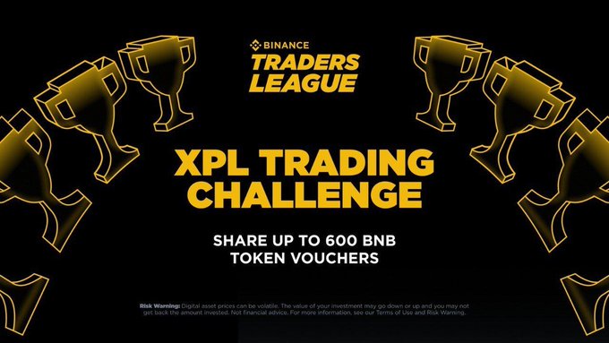 The image features an advertisement for a trading competition called "XPL Trading Challenge". The challenge aims to test participants' skills in trading, with a focus on XPL (Extreme Position Trading) strategies. The poster displays several gold trophies arranged in a circular pattern, symbolizing the top 100% of traders participating in the challenge. The text on the poster encourages participants to share their trading volumes and take advantage of the rewards offered by the competition.