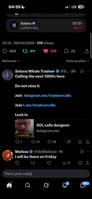 A social media feed shows a Solana (SOL) post priced at $17.51 with a comment from 'Solana Whale Tradoor' advertising telegram trading calls.