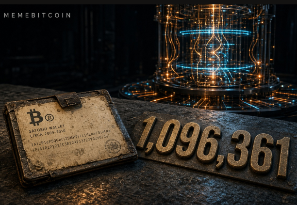 A weathered "Satoshi Wallet" case inscribed with early Bitcoin identifiers and a partial public key sits beside the number "1,096,361" while a glowing quantum computer pulses behind them — visualizing the post's warning that Satoshi's ~1.09M BTC hoard remains pinned at that exact number because quantum advances (Google's new Shor's algorithm estimates on secp256k1) threaten to crack it open.