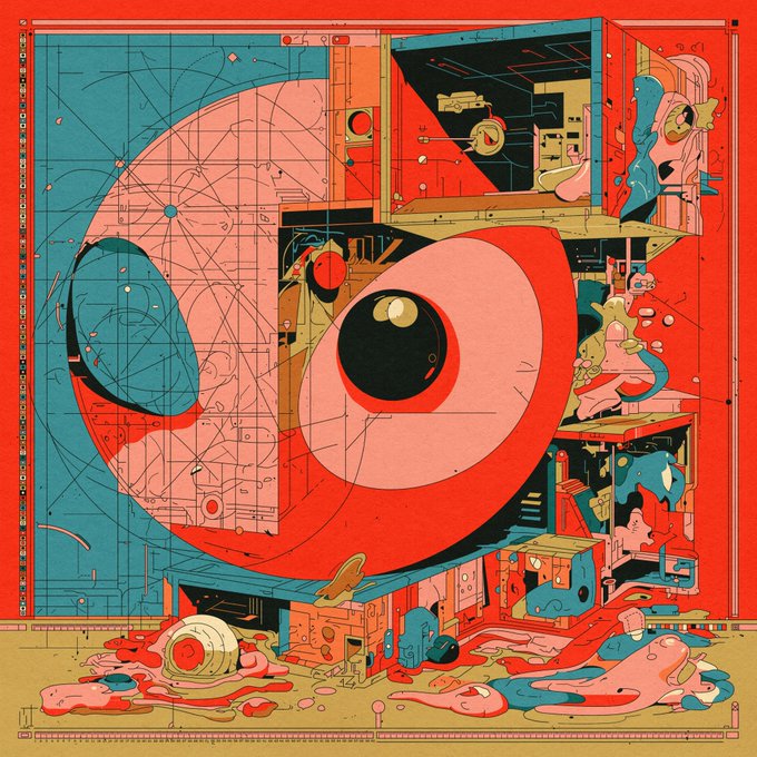 A vibrant red and teal abstract illustration featuring a large stylized eye within geometric and mechanical patterns.