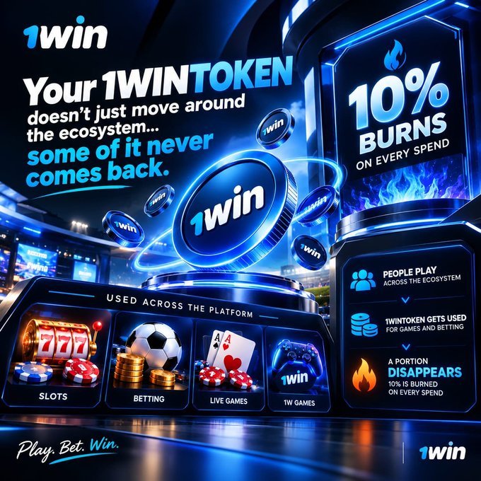 Promotional advertisement for 1win cryptocurrency/gaming platform featuring 'Your 1WIN TOKEN doesn't just move around the ecosystem... some of it never comes back' with '10% BURNS ON EVERY SPEND' and icons for slots, betting, live games, and 1win games.