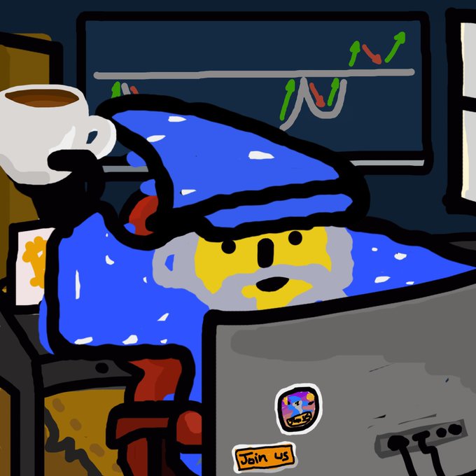 A cartoon illustration shows a wizard character in a blue starry hat holding a coffee mug while working at a laptop with a 'Join us' sticker, with financial charts displaying green and red trend arrows on a monitor behind them.
