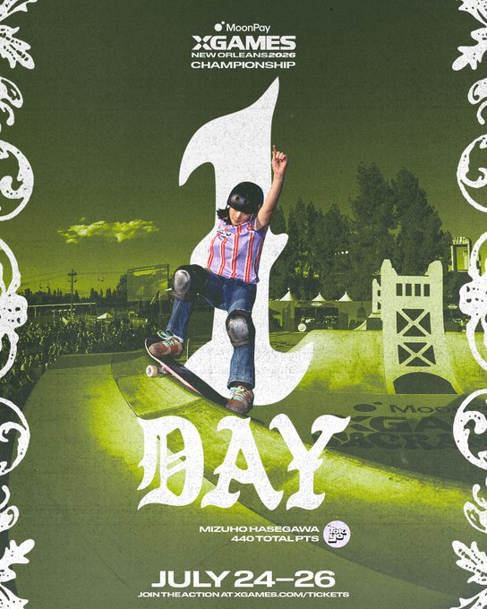 Day 3 promotional poster for the MoonPay X Games New Orleans 2026 Championship, scheduled for July 24-26, featuring skateboarder Mizuho Hasegawa of XC Tokyo, who leads the MVP race with 440 total points, performing a trick on a green ramp with a large "1" in the background.
