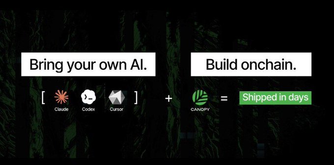 A dark promotional banner reading 'Bring your own AI.' (Claude, Codex, Cursor) '+ Build onchain.' (Canopy) = 'Shipped in days'.