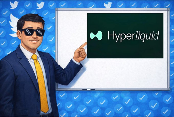 A cartoon illustration of a man in a suit wearing 'deal with it' sunglasses, pointing at a whiteboard displaying the Hyperliquid logo, set against a blue background patterned with Twitter birds and checkmarks.