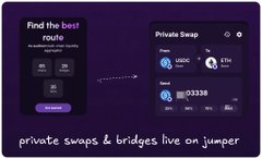 The image shows a purple background with two posts, one titled "Find the best route" and another titled "Private swaps & bridges live on jumper", both of which are related to the concept of using On-chain transactions for privacy. The first post suggests that finding the best route is essential in optimizing the use of private swap networks, while the second post emphasizes the importance of privacy when conducting transactions through these networks.