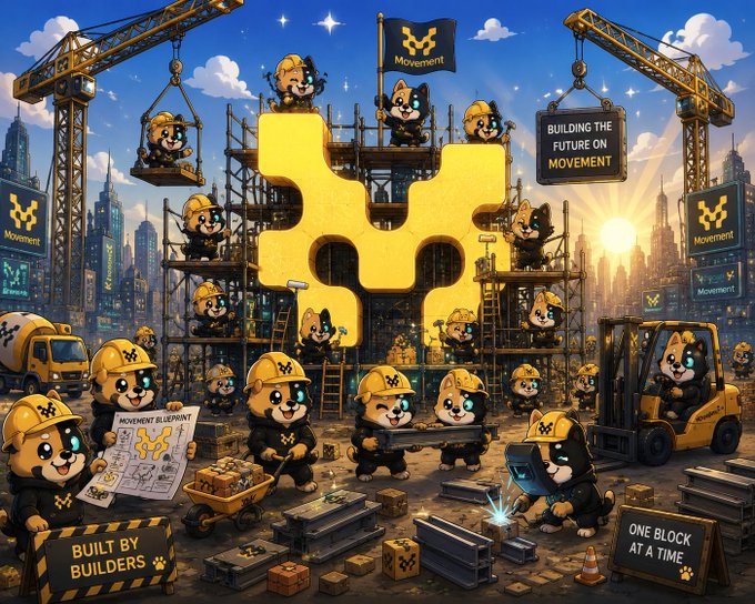 The image features a cartoon scene of construction workers wearing hard hats and working on building structures with yellow blocks, surrounded by cranes and other construction equipment. The text "Gm Mainnet transactions are processing in milliseconds" suggests that the workers are using advanced technology for their tasks. The phrase "If you are holding and building on Move right now, drop a 'GUI' in the replies." implies that there is an ongoing game or competition related to the construction work happening in the image. The post seems to be promoting a gaming event where participants need to build structures with yellow blocks using cranes and other equipment within a given time frame.