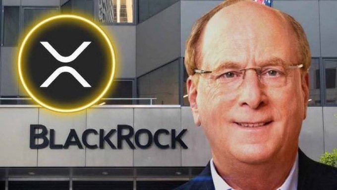 A news-style image shows a man in glasses in front of a building labeled “BLACKROCK,” with a glowing circular black logo containing a white stylized X.