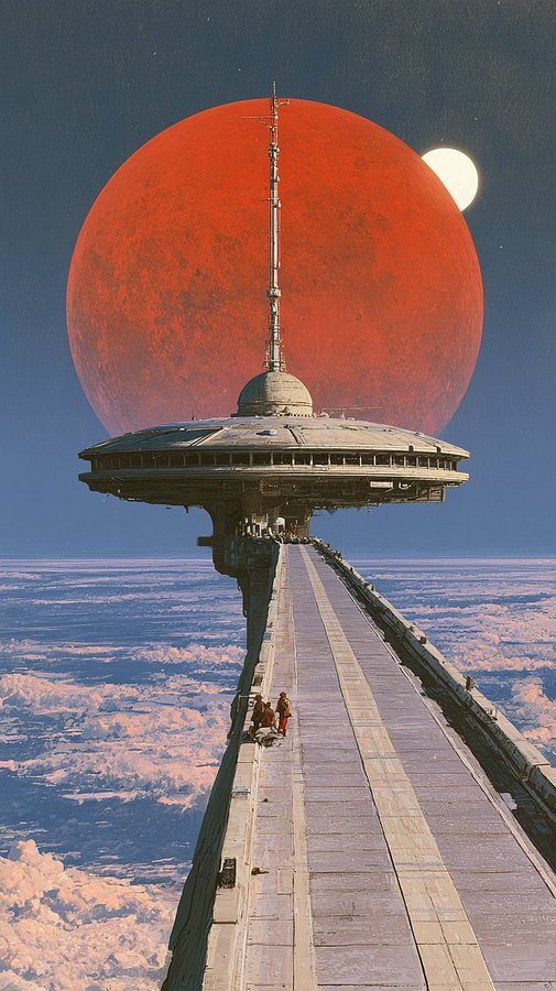 A retro-futuristic sci-fi illustration of a tall floating space station above the clouds, with a massive red moon in the background.
