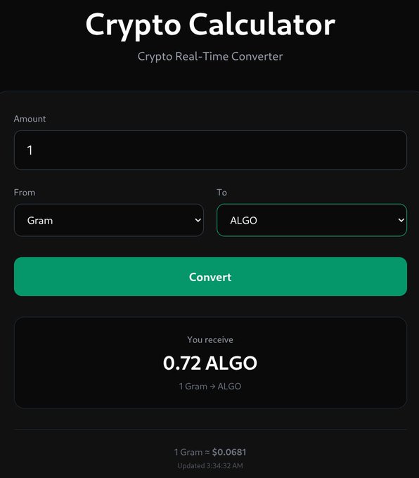 A 'Crypto Calculator - Crypto Real-Time Converter' interface showing a conversion of 1 Gram to 0.72 ALGO, with a current exchange rate of 1 Gram ≈ $0.0681.