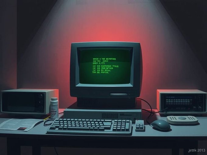 An old computer displays cryptic text, representing the complex, referee-less systems that @courtofinternet aims to disrupt. The retro setup visually evokes the era when such issues may have begun to arise without clear resolution mechanisms.