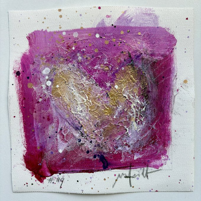 An abstract painting on canvas featuring a heart-like shape in vibrant magenta, pink, and gold colors with paint splatters, signed and dated #114.