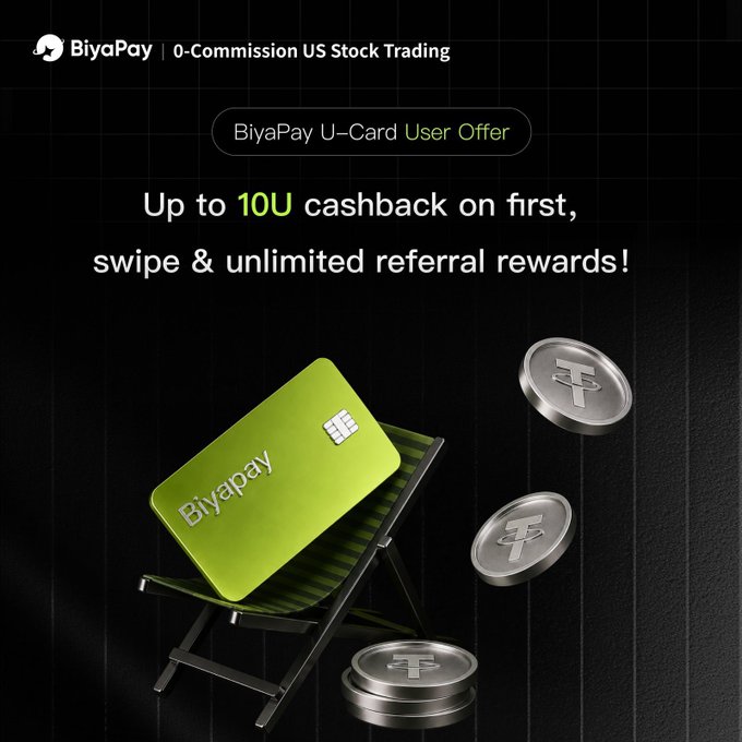 This promotional graphic advertises BiyaPay's U-Card user offer, featuring a bright green BiyaPay card resting on a folding chair alongside floating USDT (Tether) coins against a dark background. The top of the image promotes "0-Commission US Stock Trading," while the main text highlights "Up to 10U cashback on first, swipe & unlimited referral rewards!"—visually reinforcing the post's message about crypto spending rewards and referral incentives tied to the BiyaPay Easy-Card.