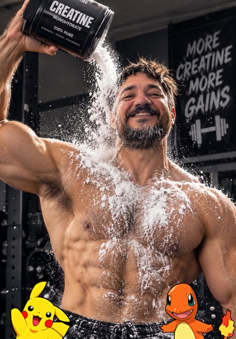A shirtless, muscular man smiles while pouring creatine monohydrate powder over himself, with a 'MORE CREATINE MORE GAINS' sign behind him and Pikachu and Charmander cartoon graphics added at the bottom.