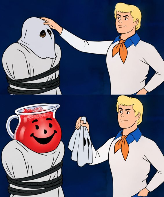 A two-panel Scooby-Doo style cartoon where Fred reveals that the ghost tied up in ropes is actually the Kool-Aid Man wearing a sheet disguise.