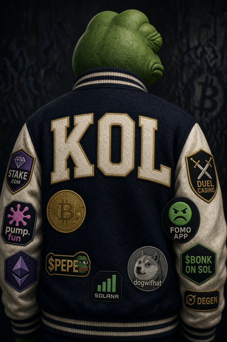 A 3D render shows the back of a figure wearing a varsity jacket covered in crypto-related patches including Bitcoin, PEPE, Solana, Dogwifhat, and others, with 'KOL' written in large letters across the back.