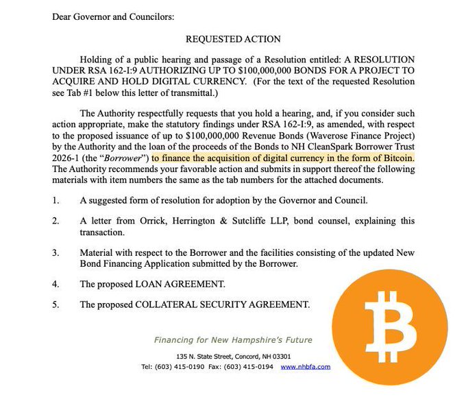 A letter from the New Hampshire Business Finance Authority (NHBFA) addressed to the Governor and Councilors, requesting a public hearing on a resolution under RSA 162-I-9 to authorize up to $100,000,000 in bonds to finance the acquisition of Bitcoin, featuring the Bitcoin logo and contact info for 135 N. State Street, Concord, NH 03301.