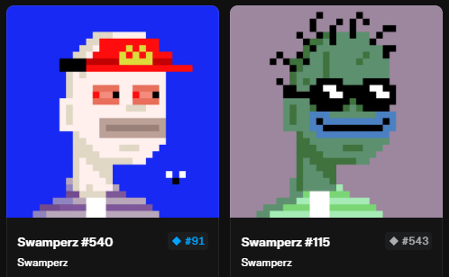 Two pixel-art NFT characters labeled 'Swamperz' - Swamperz #540 (white figure with red cap) priced at #91 ETH, and Swamperz #115 (green figure with sunglasses) at #543.