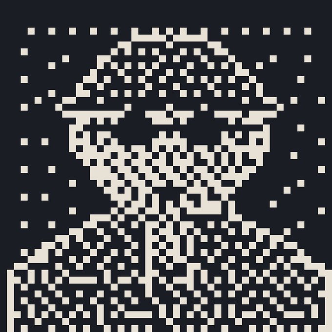A pixel art style QR code or digital design with a face wearing sunglasses on a dark background.