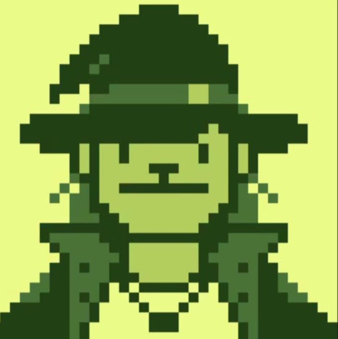 A pixel art illustration of a character wearing a wide-brimmed hat, rendered in various shades of green against a lighter green background.