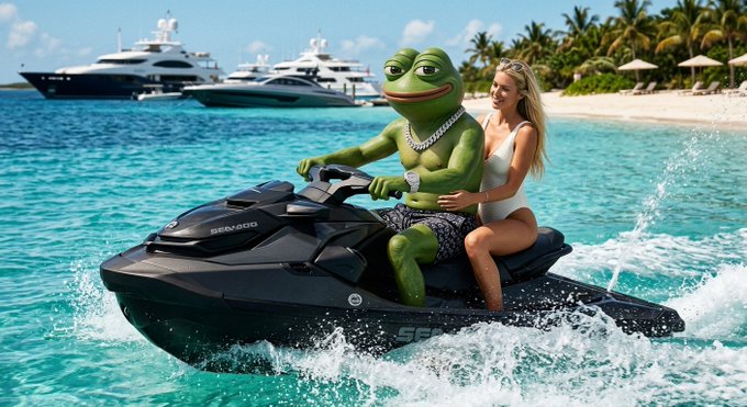 A digitally created image shows a green frog-like figure and a blonde woman in a white bikini riding a black Sea-Doo jet ski on turquoise water, with luxury yachts and a tropical beach behind them.