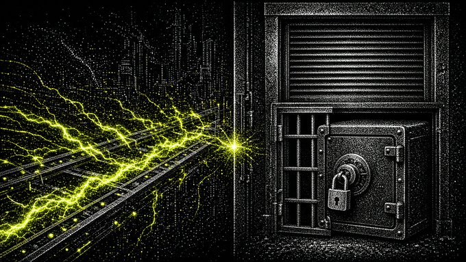 A dark, metallic safe with a padlock stands on the right, while glowing green electric energy courses through digital tracks on the left against a black background.