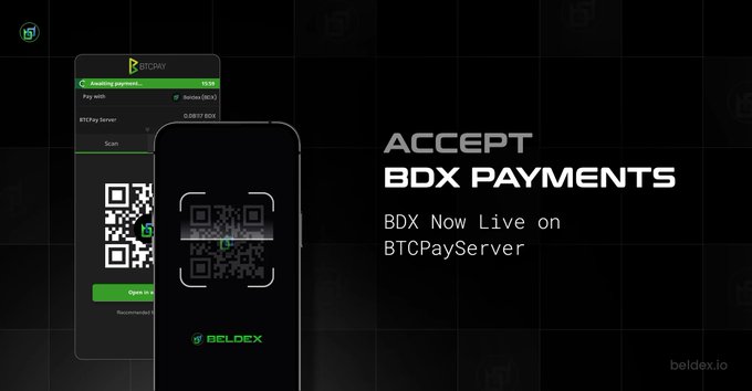 Promotional graphic for Beldex (BDX) showing a phone scanning a QR code with text 'ACCEPT BDX PAYMENTS - BDX Now Live on BTCPay Server' and the beldex.io URL.