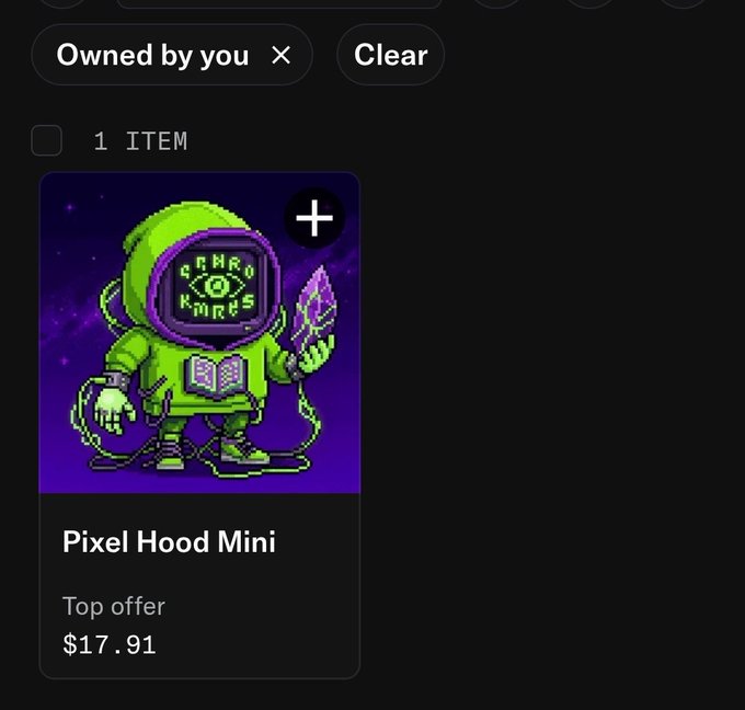 A digital NFT marketplace listing showing a 'Pixel Hood Mini' item owned by the user, featuring a pixel art astronaut character in green on a purple background with a top offer of $17.91.