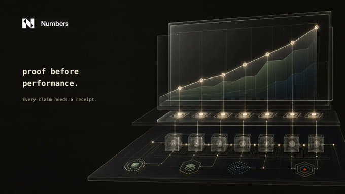 The image shows a dark promotional graphic featuring the "Numbers" logo (top-left) alongside the tagline "proof before performance. Every claim needs a receipt," with a glowing laptop displaying an upward-trending line chart above a row of hexagonal nodes connected by data lines. It visually reinforces the post's message by depicting how the Capture SDK produces verifiable, audit-ready scorecards—each chart data point linked to an underlying asset record with an NID, timestamp, change log, and verification trail, transforming performance claims into receipts.