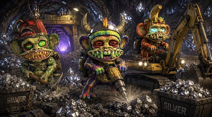 A colorful, monster-themed digital artwork showing three creatures with gold teeth in a silver mine, surrounded by silver ore and mining equipment.