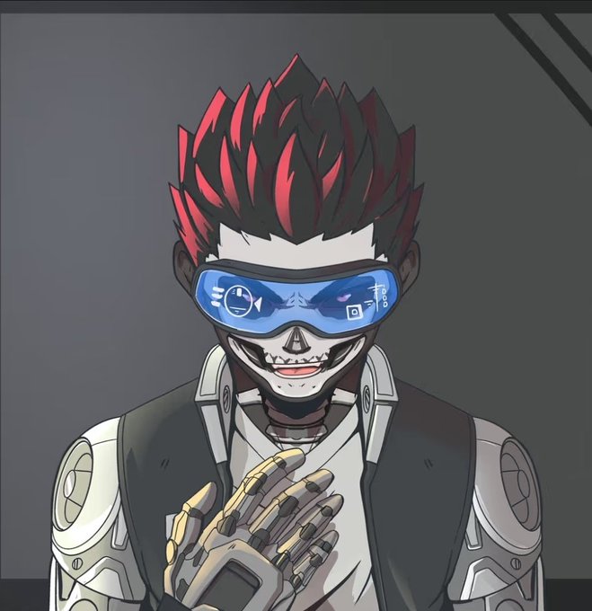 Anime-style character with red and black spiky hair wearing blue visor goggles, showing a skull-like smile and a robotic hand.