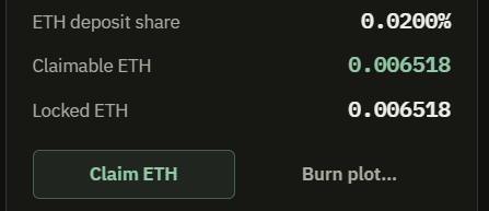 A screenshot showing ETH deposit information: ETH deposit share at 0.0200%, Claimable ETH at 0.006518, Locked ETH at 0.006518, with a green 'Claim ETH' button and a 'Burn plot...' option.