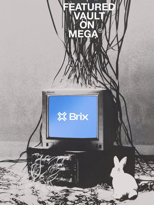 A vintage CRT monitor displays the "Brix" logo against a blue screen, surrounded by tangled cables and a white rabbit figurine, with text reading "FEATURED VAULT ON MEGA." The imagery evokes the unraveling complexity of the Turkish TRY market, where the wiTRY-USDM vault on Mega offers an alternative onchain solution to the $18B fund liquidation crisis.