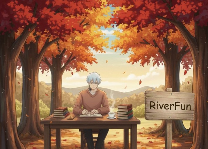 An anime-style illustration depicting a silver-haired character writing at a wooden desk surrounded by books under autumn-colored trees, with a wooden sign reading "RiverFun" nearby.