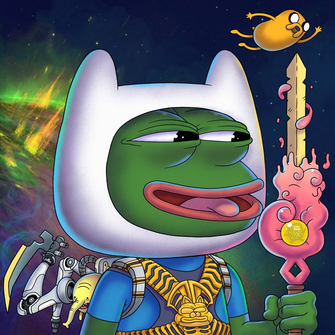 A green Pepe frog wears Finn's iconic white hood from Adventure Time, holding a pink flaming sword with a donut-like hilt while Jake the dog floats above and a golden tiger cub peeks from a backpack against a cosmic backdrop. The image creatively mashes up the classic anime Pepe with Adventure Time characters to celebrate the new "Pepe Explorers Evolve" NFT drop.