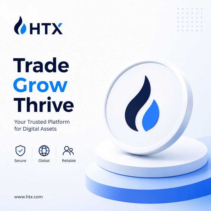 An HTX promotional graphic featuring the slogan 'Trade Grow Thrive' and tagline 'Your Trusted Platform for Digital Assets,' with icons labeling the platform as Secure, Global, and Reliable, and the website www.htx.com.