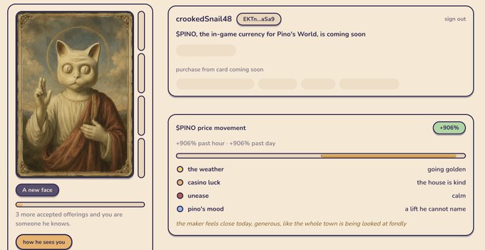 A digital interface card featuring a Renaissance-style portrait of a cat dressed as Jesus, with text announcing "SPINO, the in-game currency for Pino's World, is coming soon" and a price movement of +906% driven by "pino's mood."