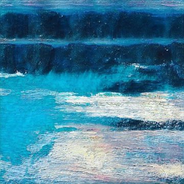 An impressionistic painting of ocean waves rendered in deep blues, turquoise, and soft pink and white highlights capturing the foam and motion of the water.
